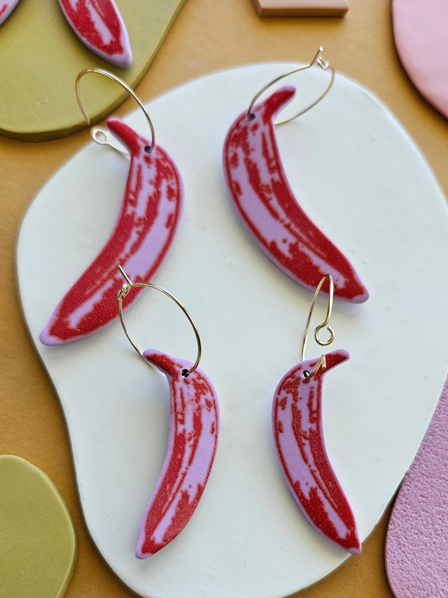 Pop Art Bananas in LMT ED Lavender + Red Silk Screened Polymer Clay Earrings