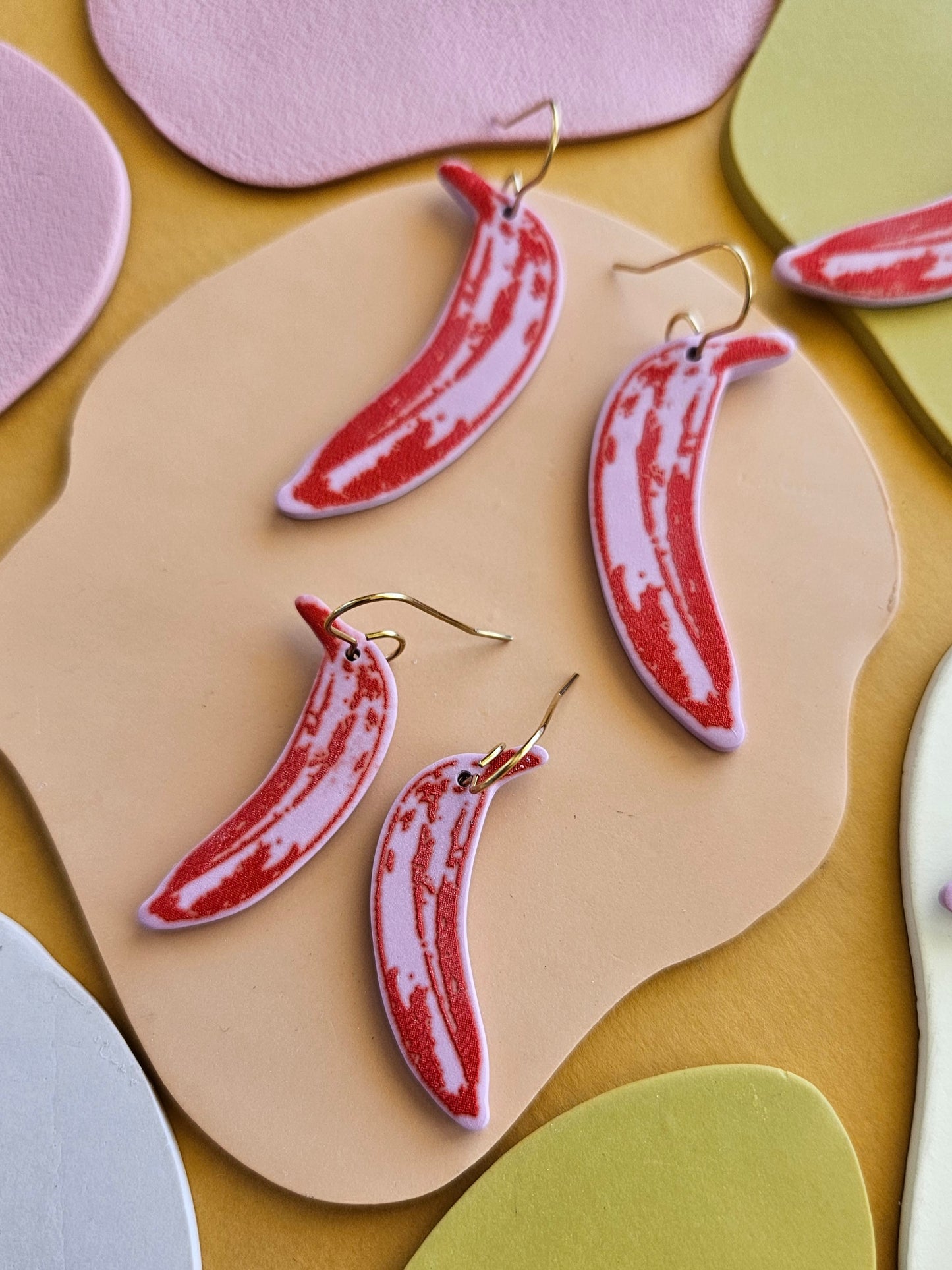 Pop Art Bananas in LMT ED Lavender + Red Silk Screened Polymer Clay Earrings