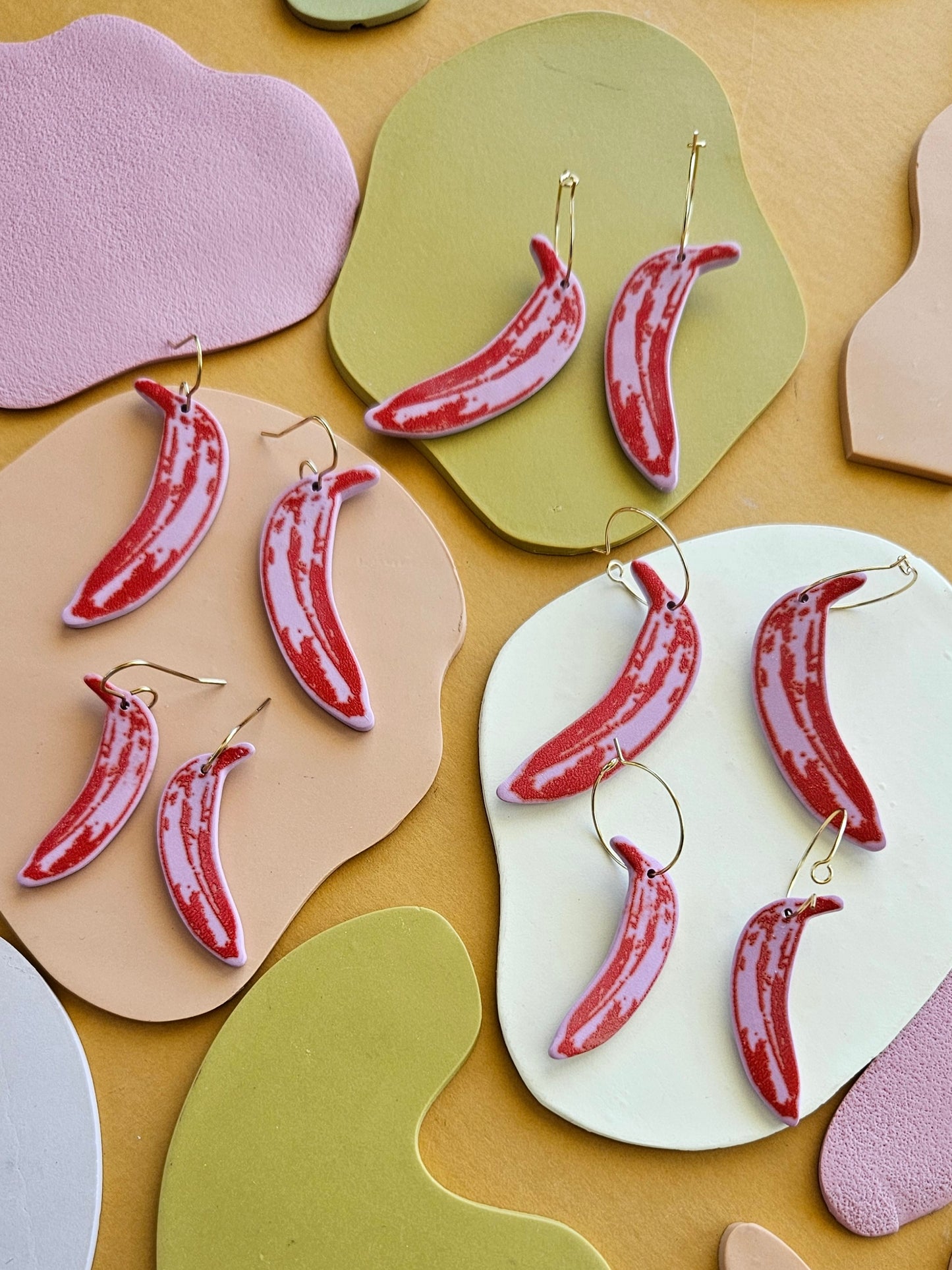 Pop Art Bananas in LMT ED Lavender + Red Silk Screened Polymer Clay Earrings