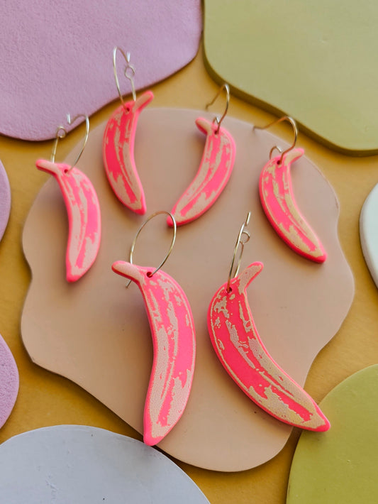 Pop Art Bananas in LMT ED Pink + Yellow Silk Screened Polymer Clay Earrings