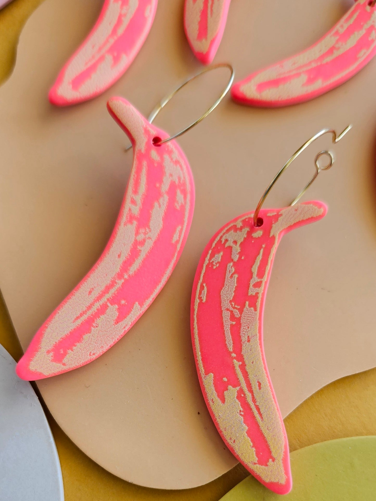 Pop Art Bananas in LMT ED Pink + Yellow Silk Screened Polymer Clay Earrings