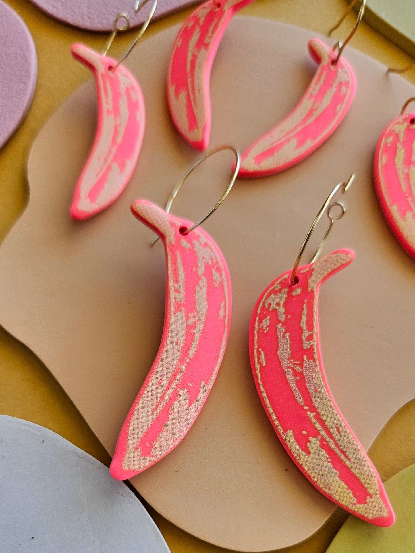 Pop Art Bananas in LMT ED Pink + Yellow Silk Screened Polymer Clay Earrings