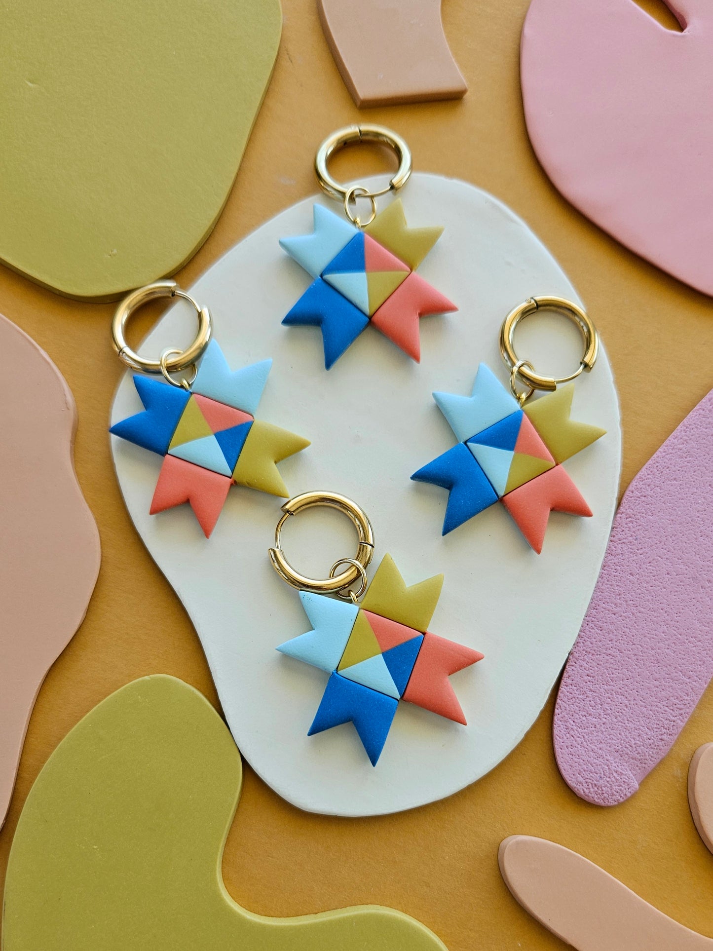 Rainbow Quilted Star Earrings Polymer Clay Statement Earrings