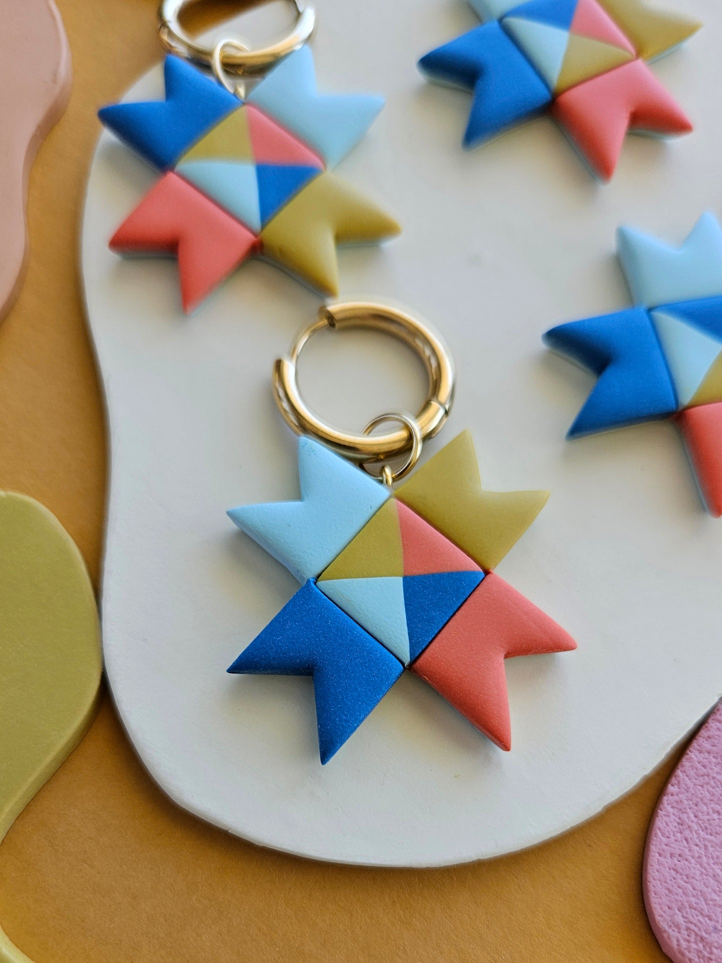 Rainbow Quilted Star Earrings Polymer Clay Statement Earrings