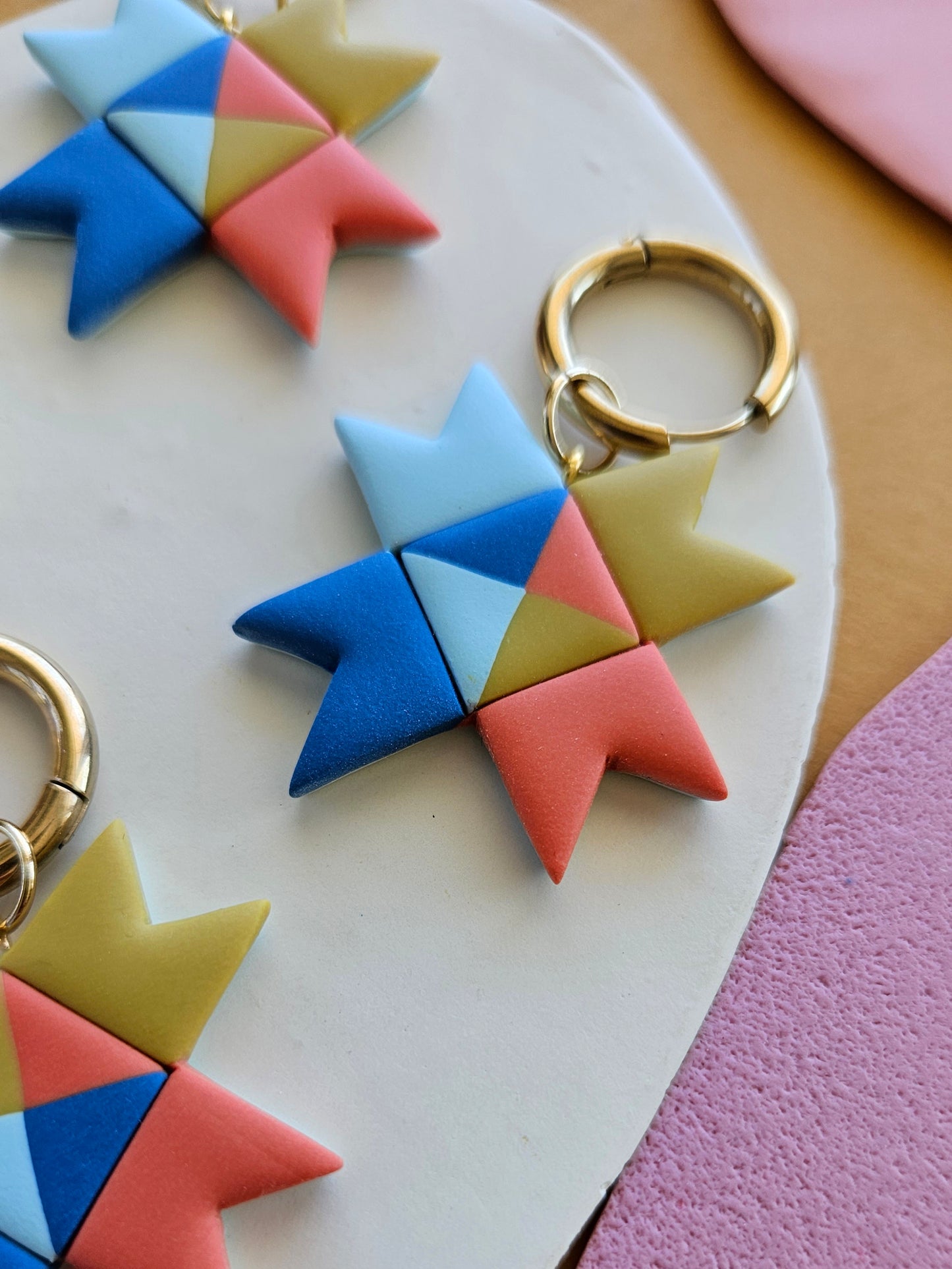 Rainbow Quilted Star Earrings Polymer Clay Statement Earrings