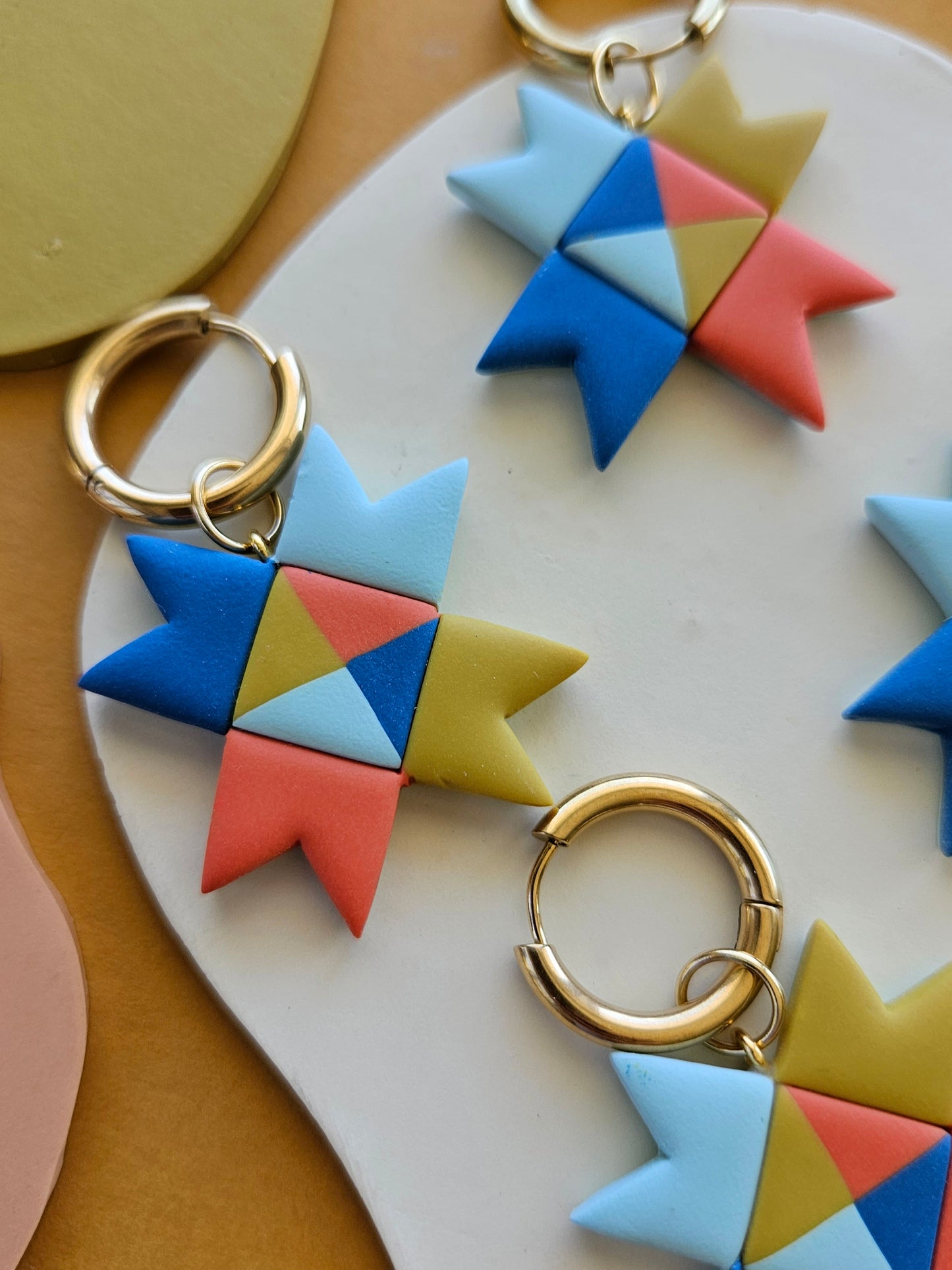 Rainbow Quilted Star Earrings Polymer Clay Statement Earrings