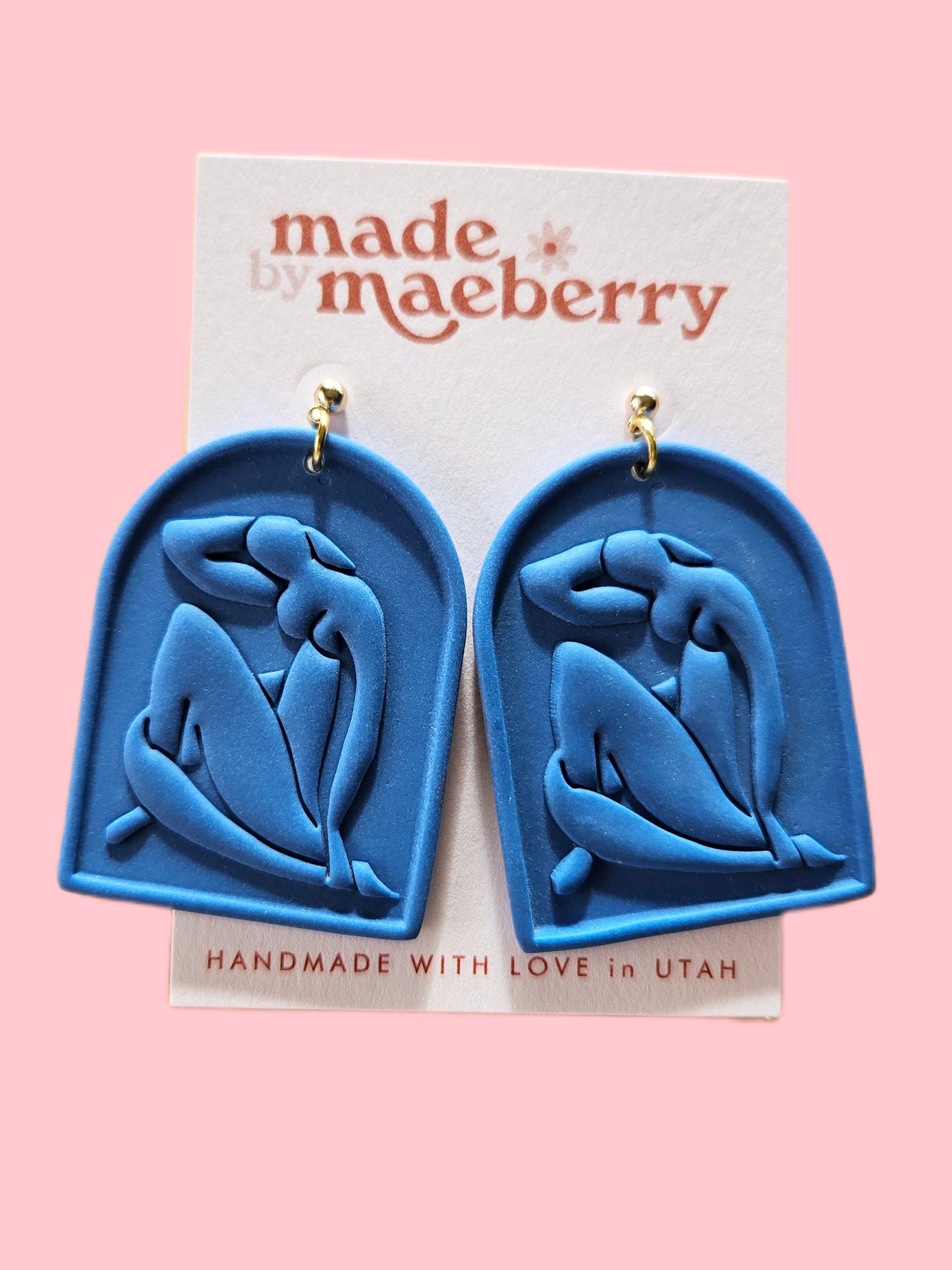 Blue Nude Matisse Cut Out Polymer Clay Earrings in Deep Blue