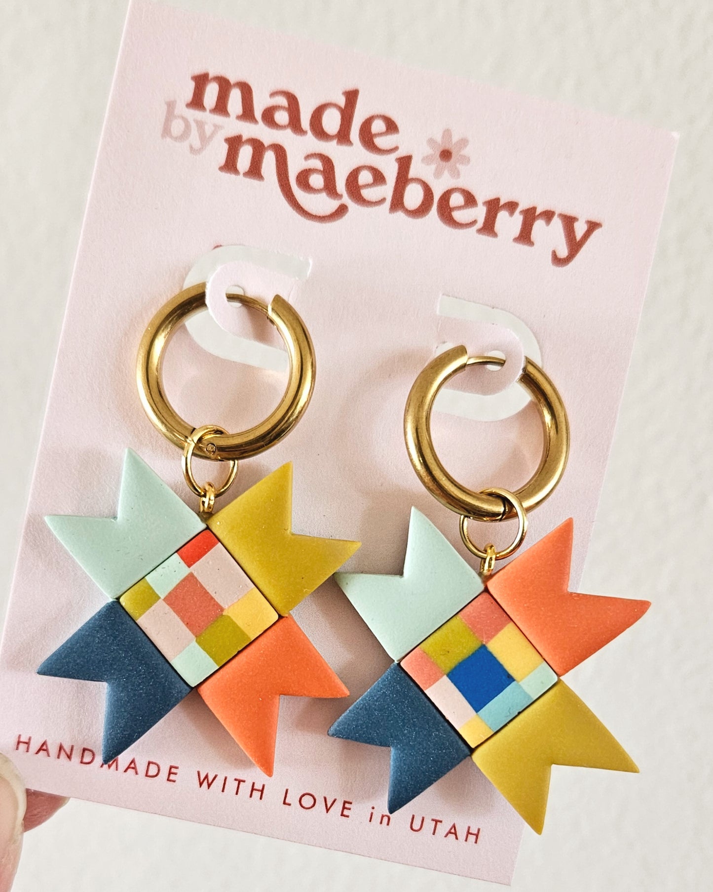 Rainbow Quilted Star Earrings Polymer Clay Statement Earrings