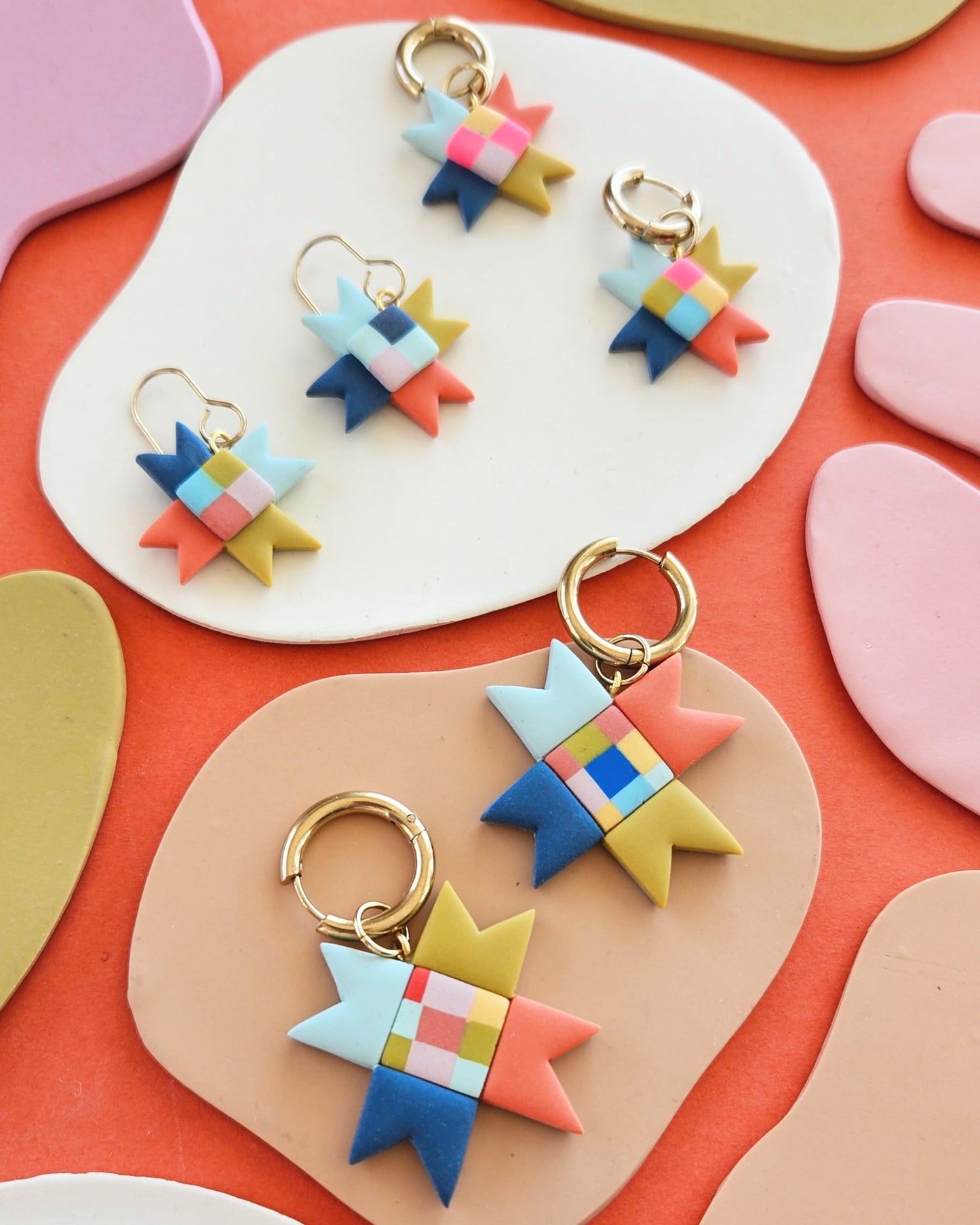 Rainbow Quilted Star Earrings Polymer Clay Statement Earrings