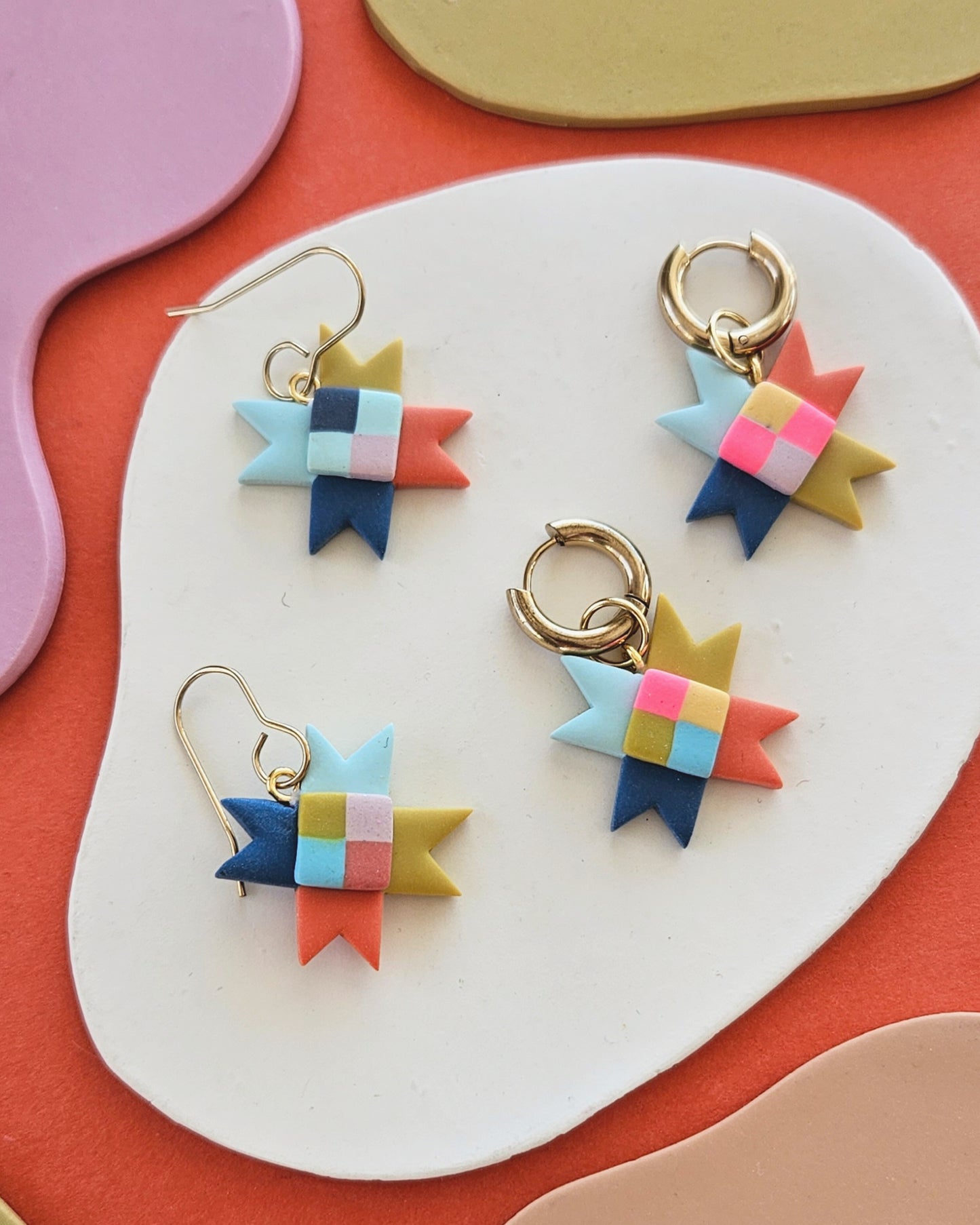 Rainbow Quilted Star Earrings Polymer Clay Statement Earrings