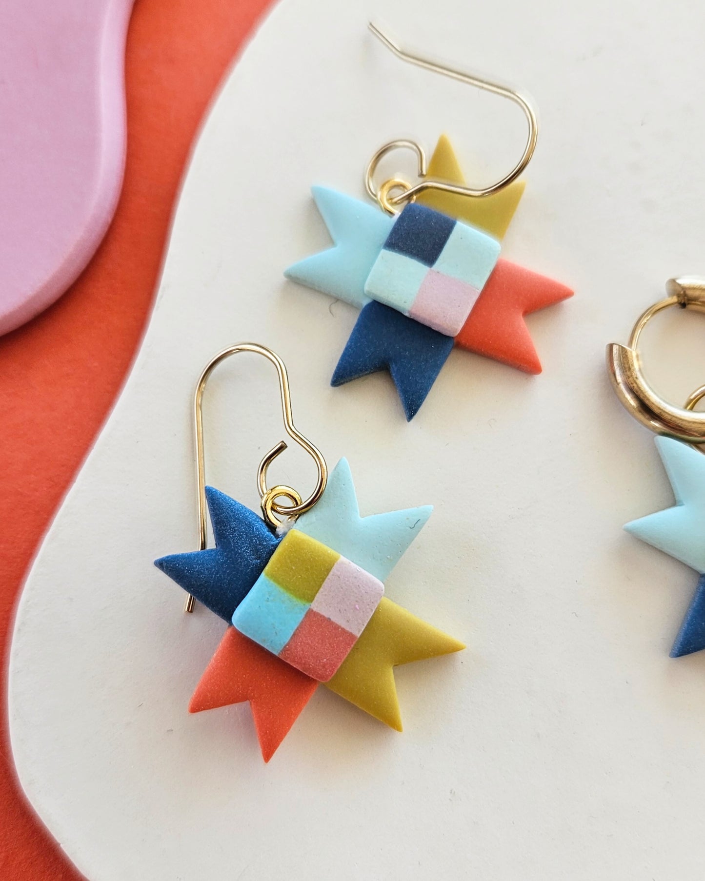 Rainbow Quilted Star Earrings Polymer Clay Statement Earrings
