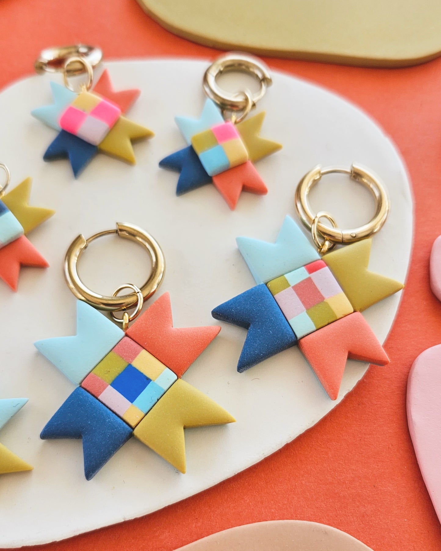 Rainbow Quilted Star Earrings Polymer Clay Statement Earrings