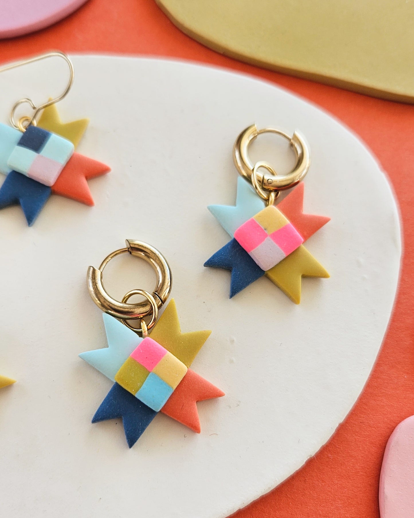 Rainbow Quilted Star Earrings Polymer Clay Statement Earrings