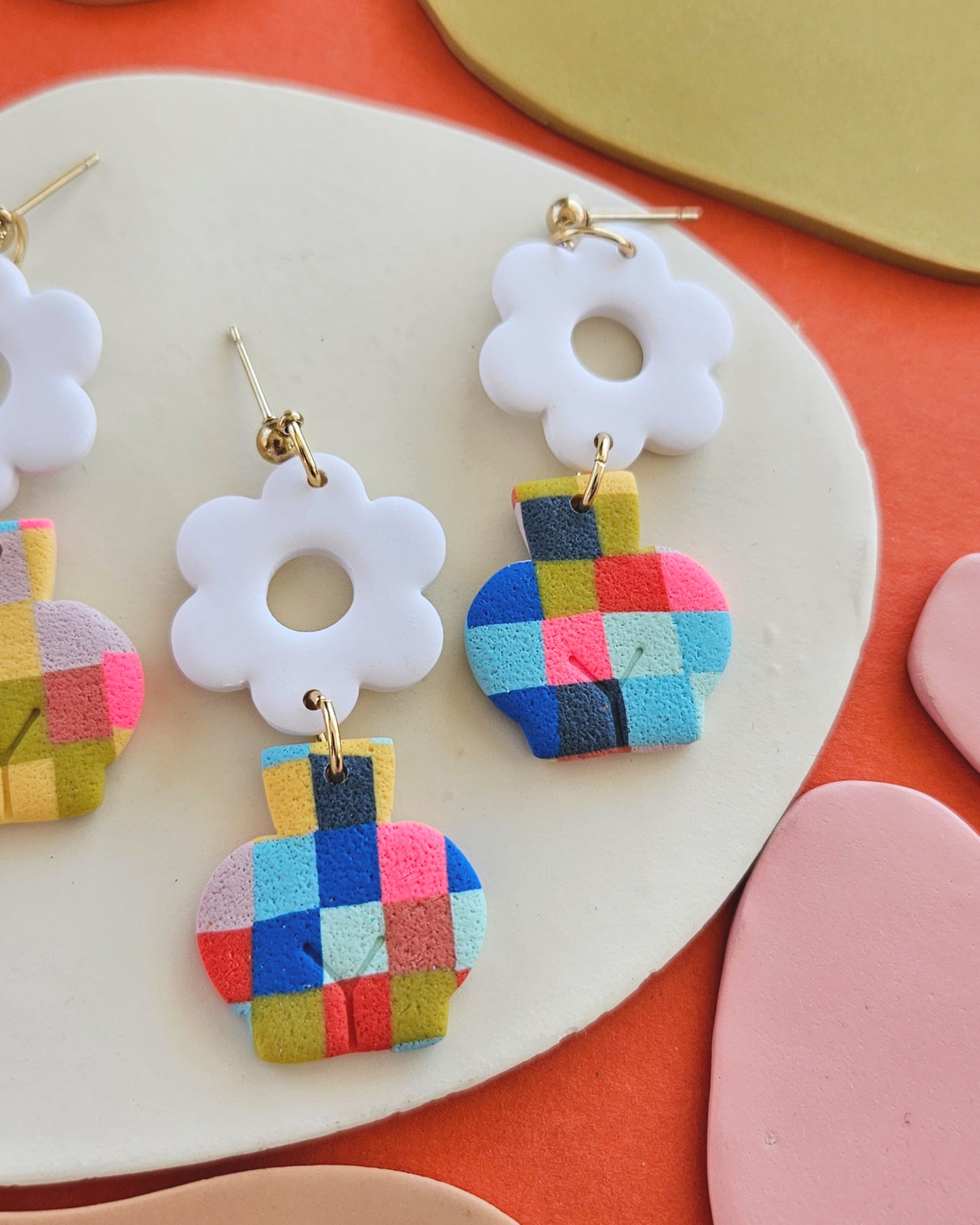 Plaid "Femme Pot" Polymer Clay Vase Flower Earrings