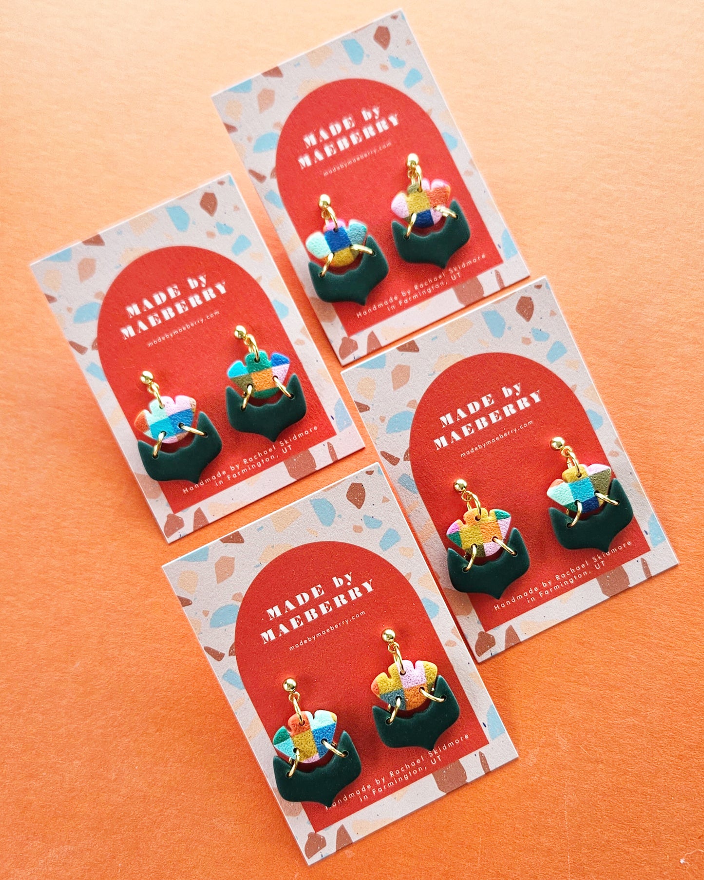 Plaid Geo Flower Earrings Polymer Clay Statement Earrings