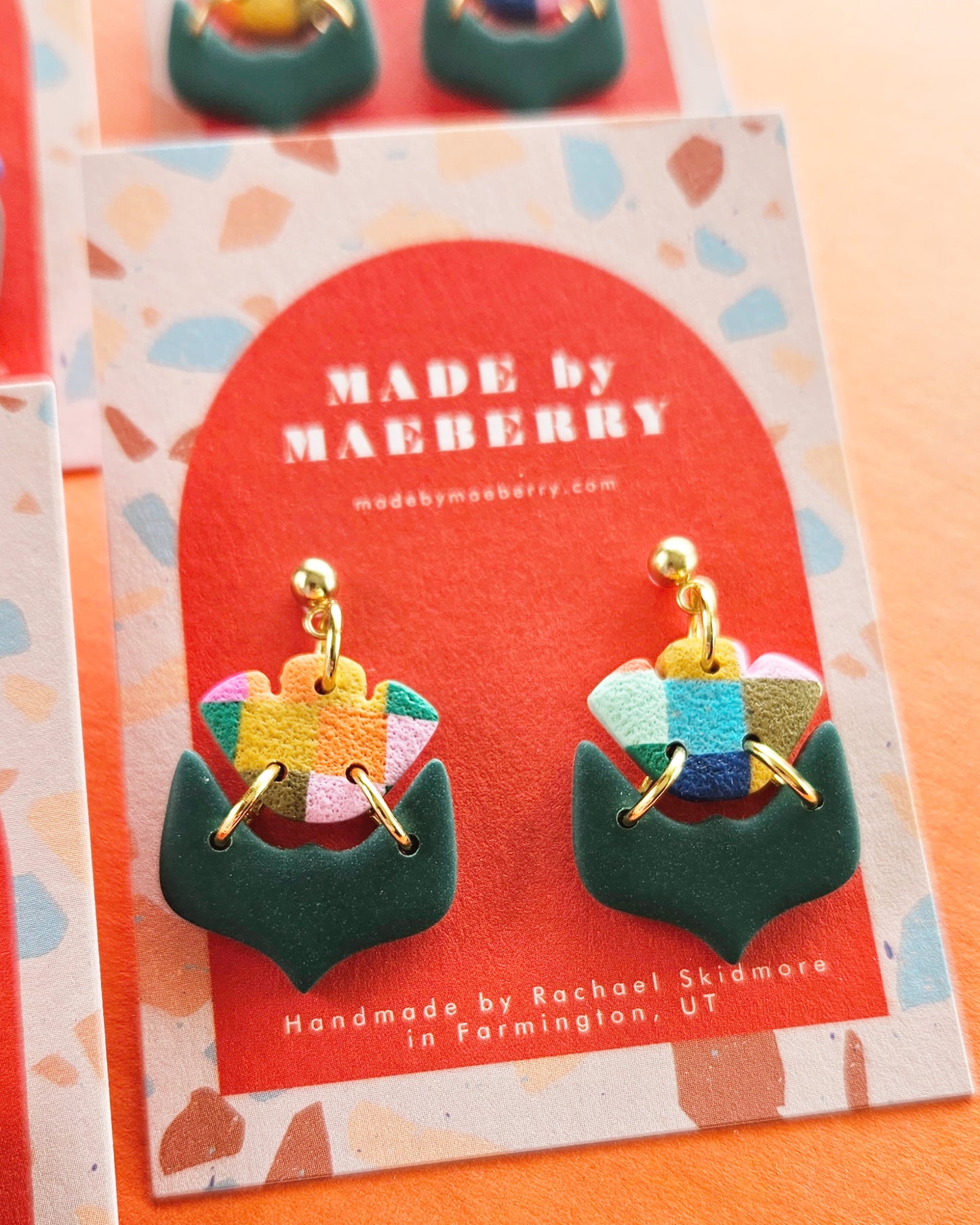Plaid Geo Flower Earrings Polymer Clay Statement Earrings
