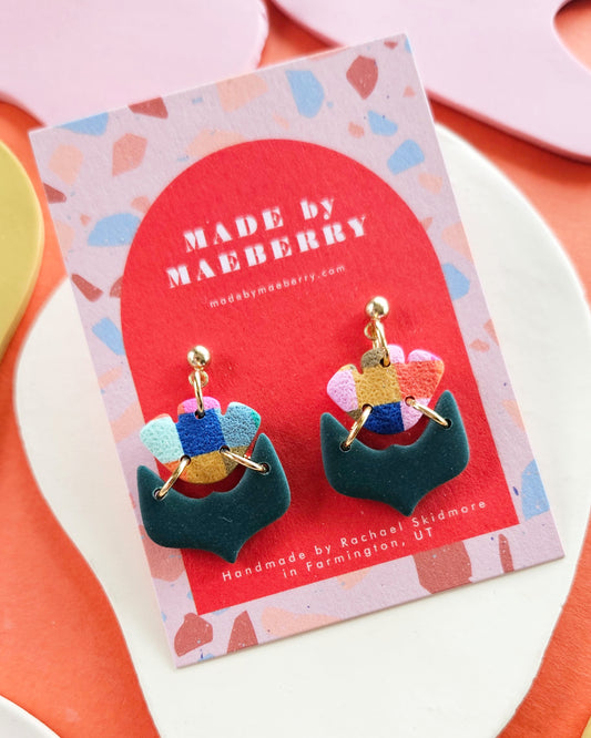 Plaid Geo Flower Earrings Polymer Clay Statement Earrings