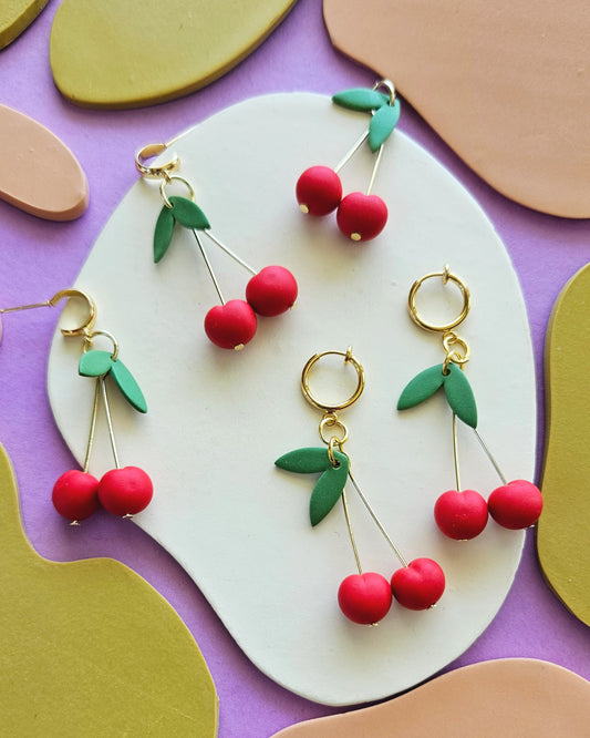 Cherry Charm Earrings Handmade Polymer Clay Charms