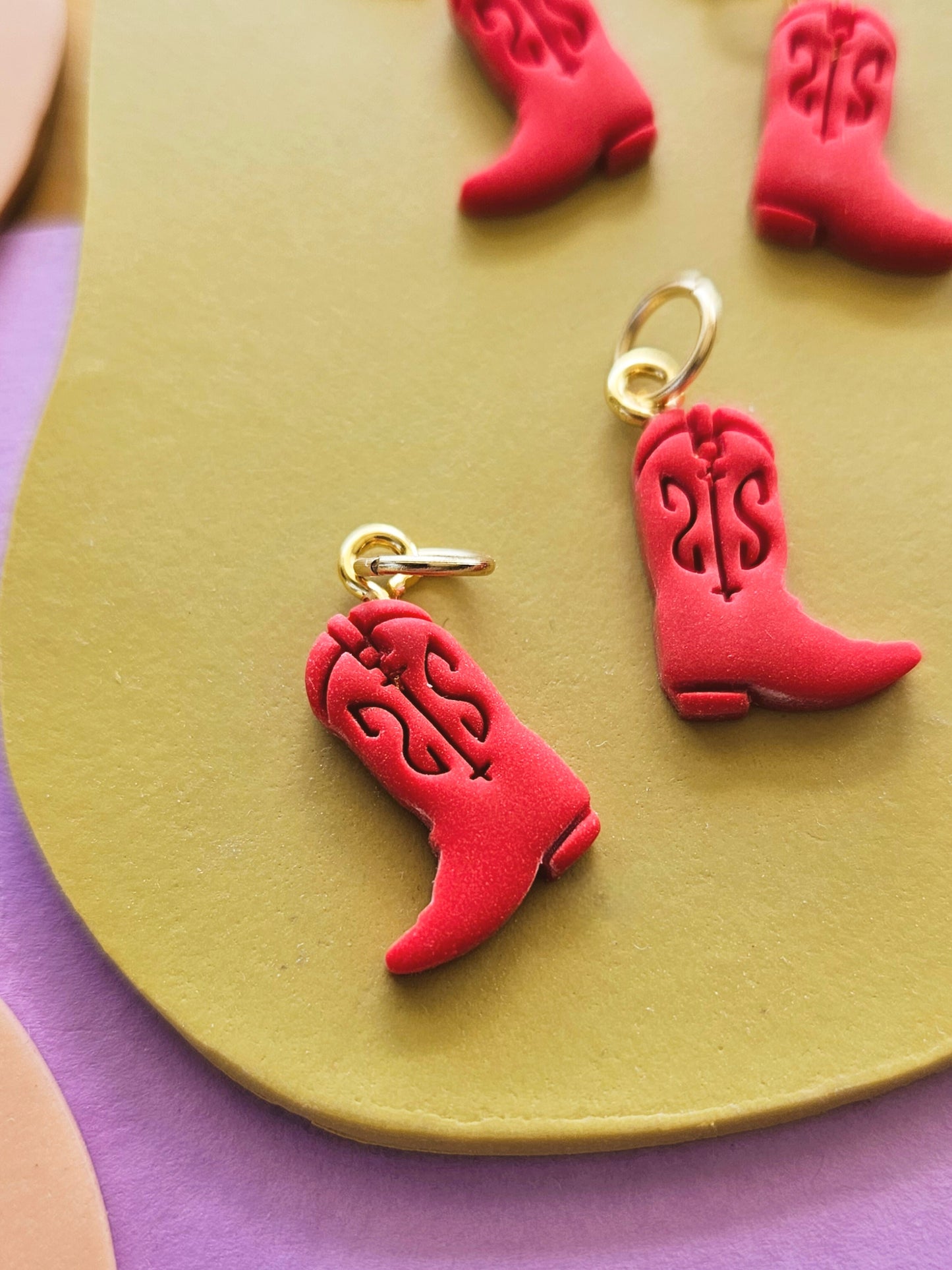 Red Western Boot Charm Hoop Earrings Handmade Polymer Clay Charms