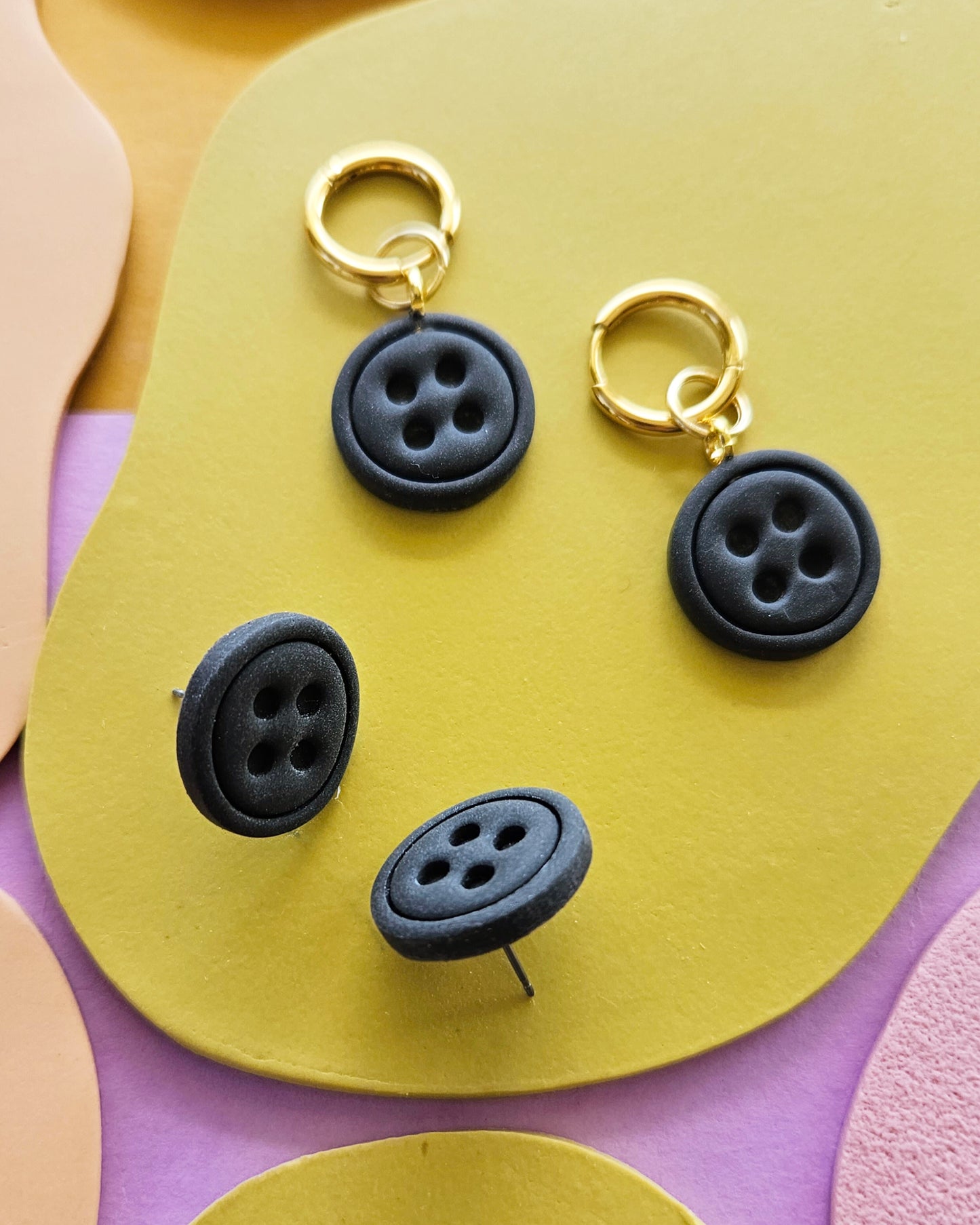 "The Coraline" Black Button Charm Earrings Button Stud Earrings
