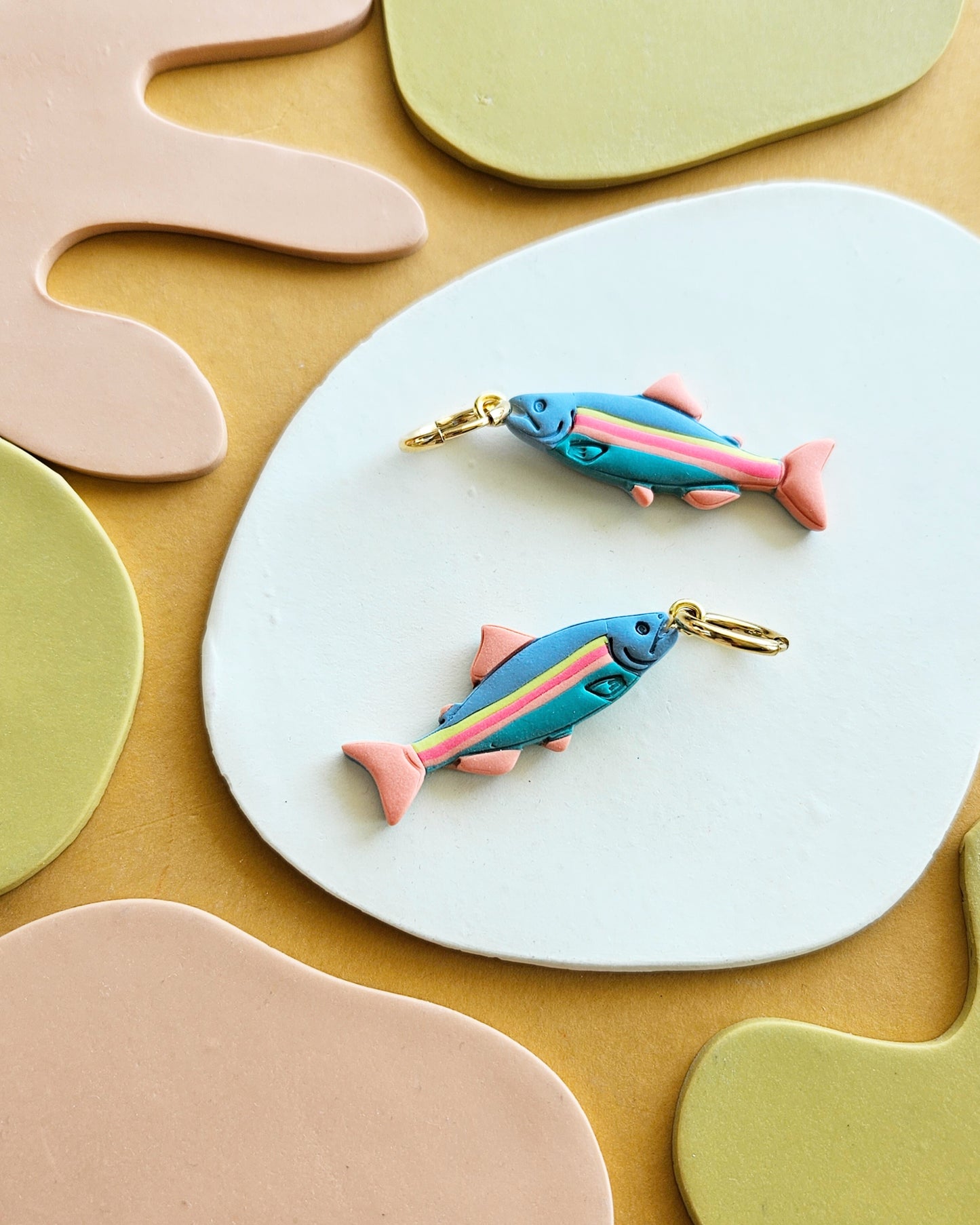 Rainbow Trout Polymer Clay Handmade Charm Earrings Hoop Charm Earrings