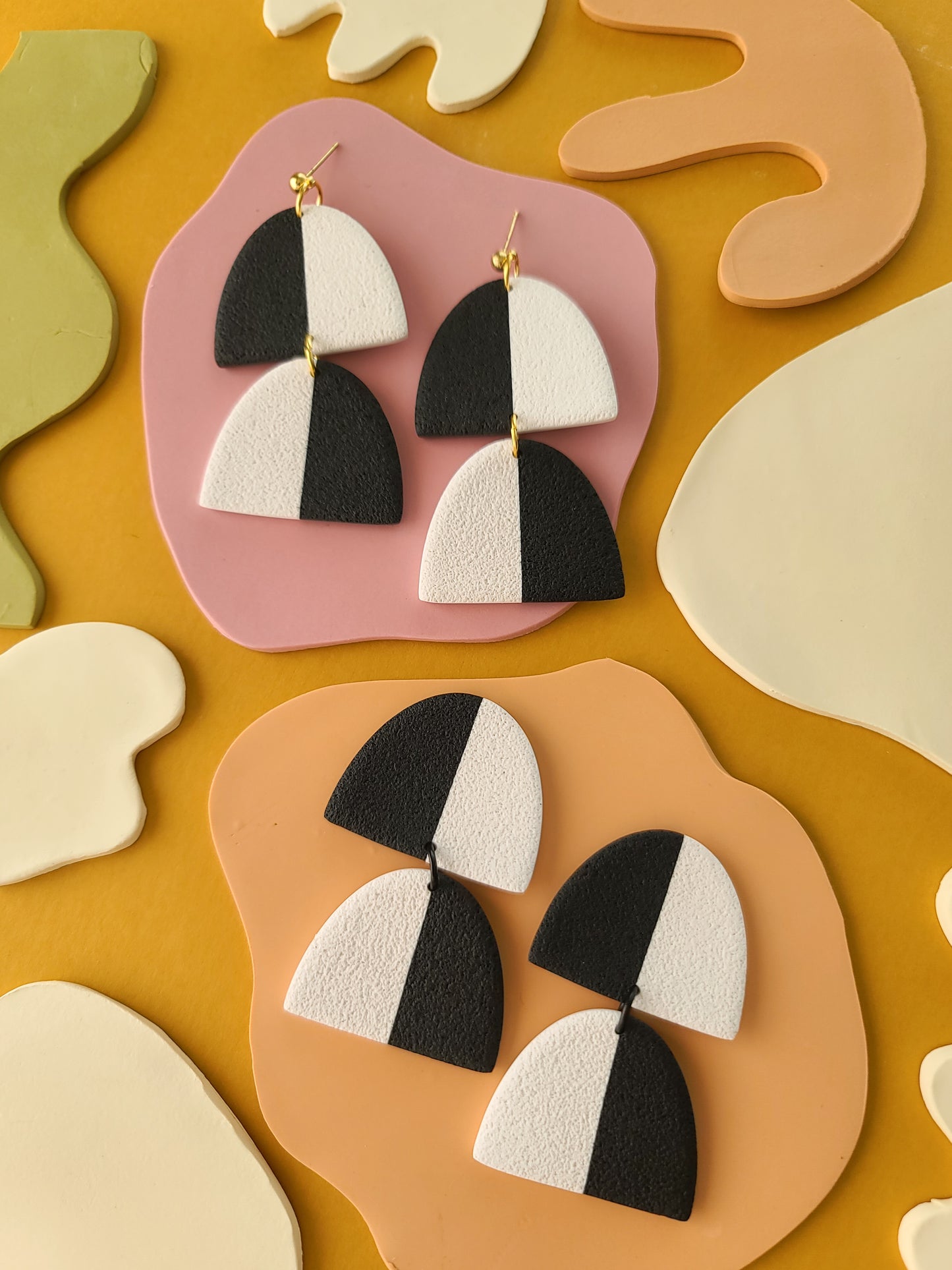 Black and White Duas Polymer Clay Large Statement Earrings