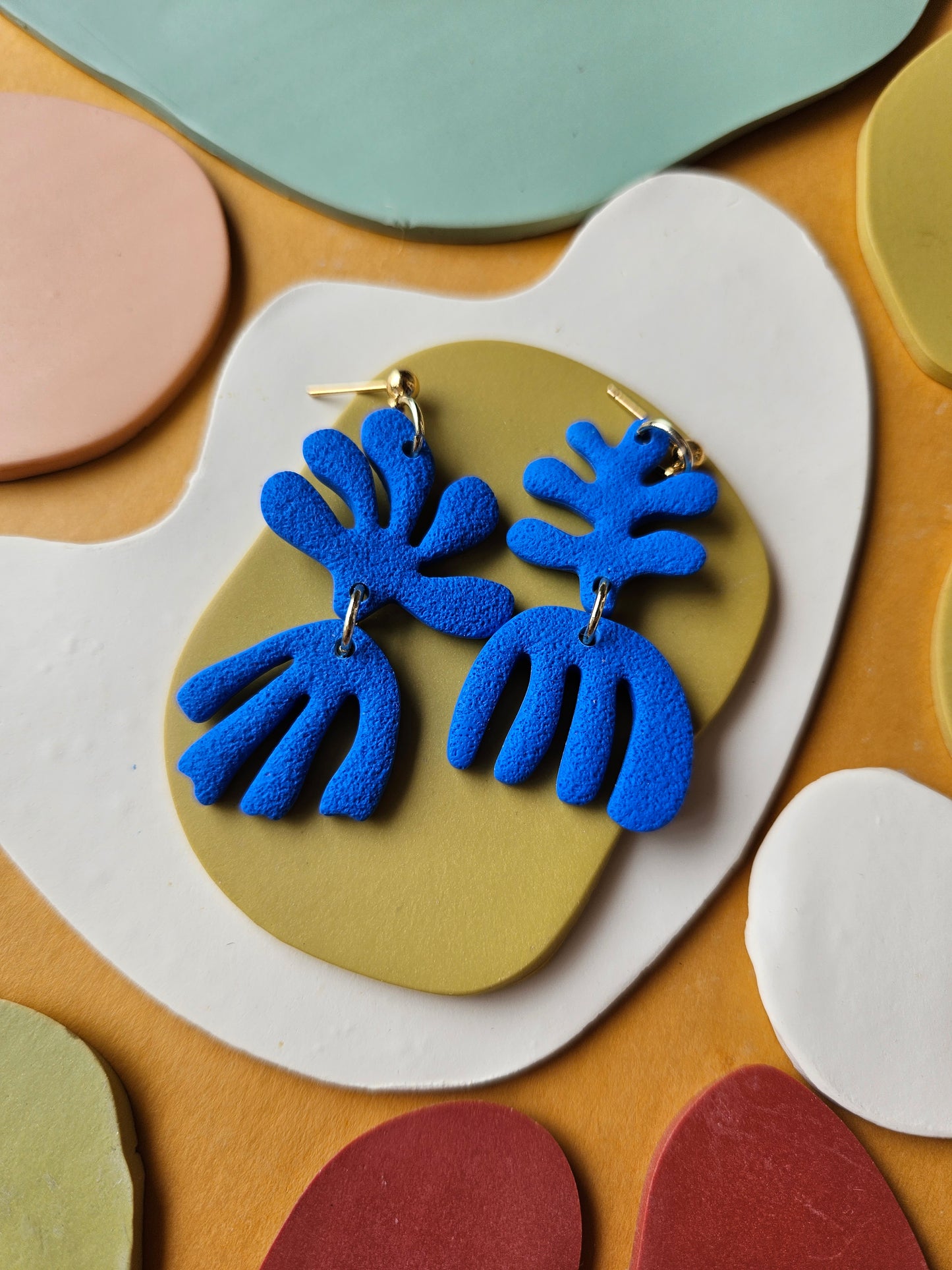 Mini Matisse Cobalt Blue Mismatched Coral Inspired Polymer Clay Earrings
