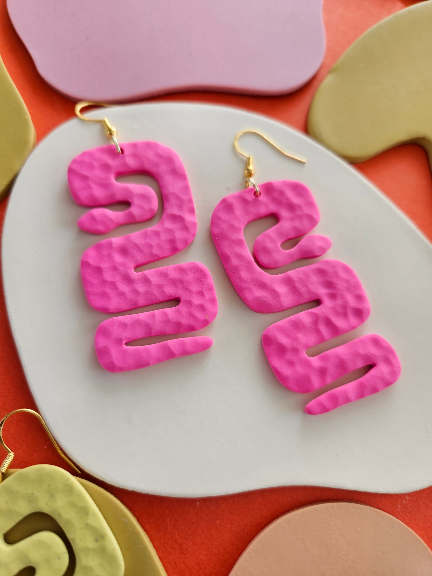 Oversized Snake Earrings in LMT ED Colors Pink + Speckled Pear Polymer Clay Earrings