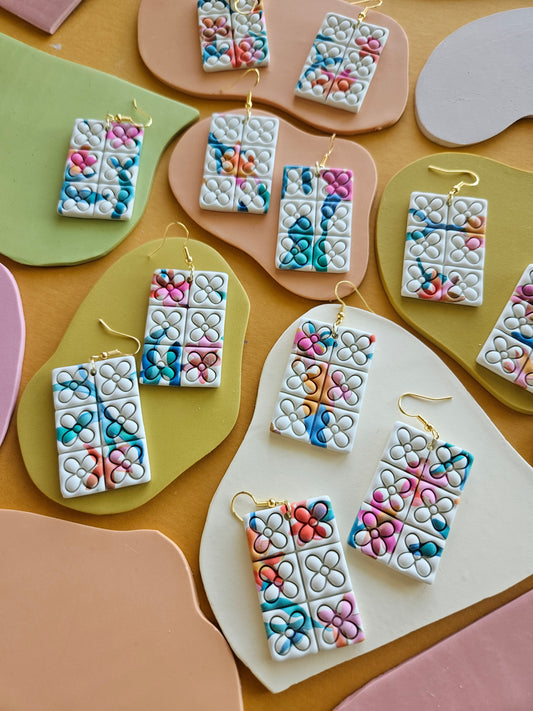 Quilted Watercolor Flower Imprinted Statement Earrings