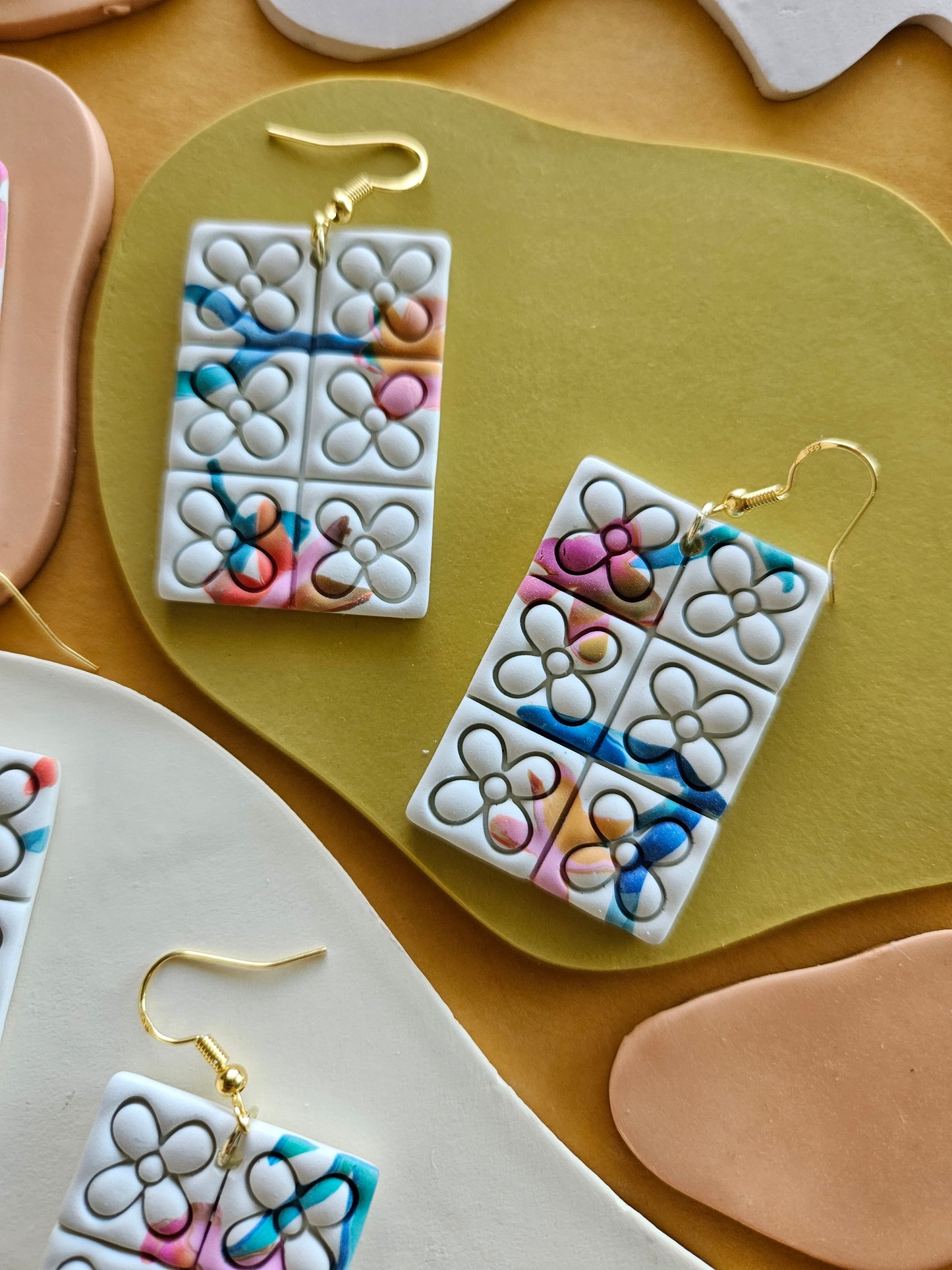 Quilted Watercolor Flower Imprinted Statement Earrings