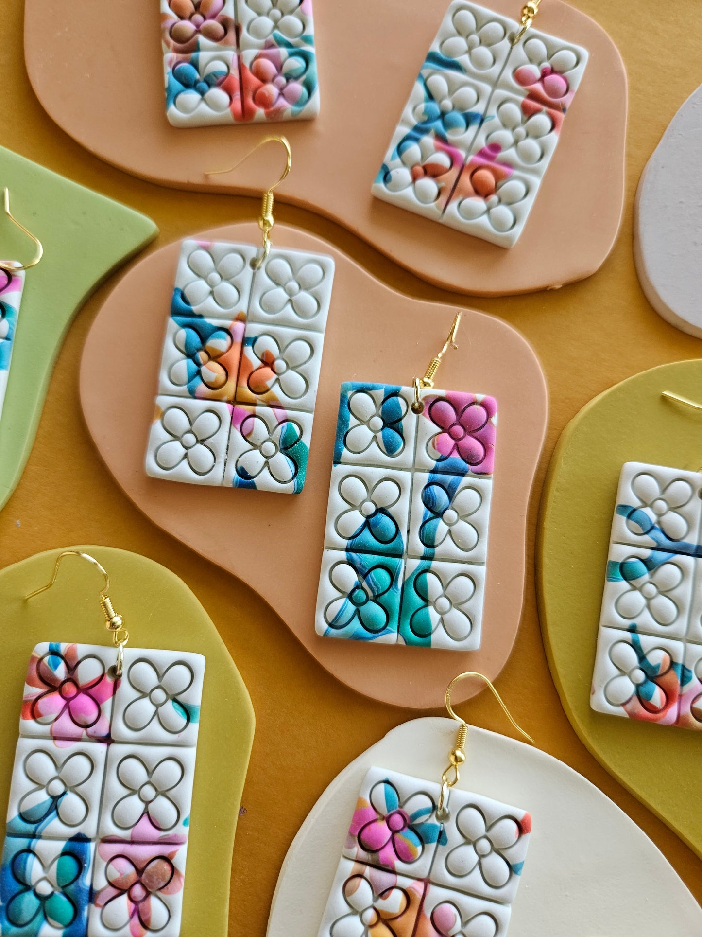 Quilted Watercolor Flower Imprinted Statement Earrings