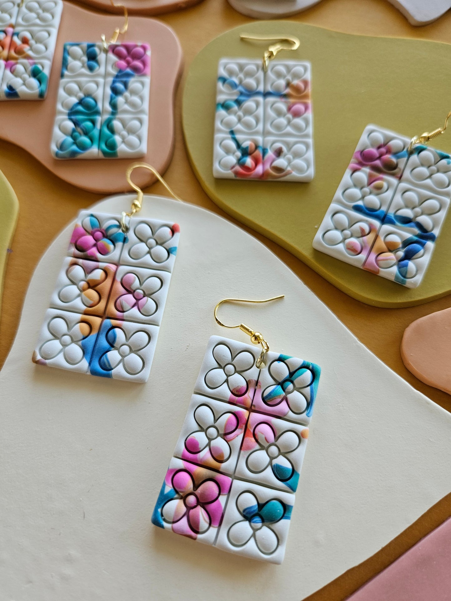 Quilted Watercolor Flower Imprinted Statement Earrings