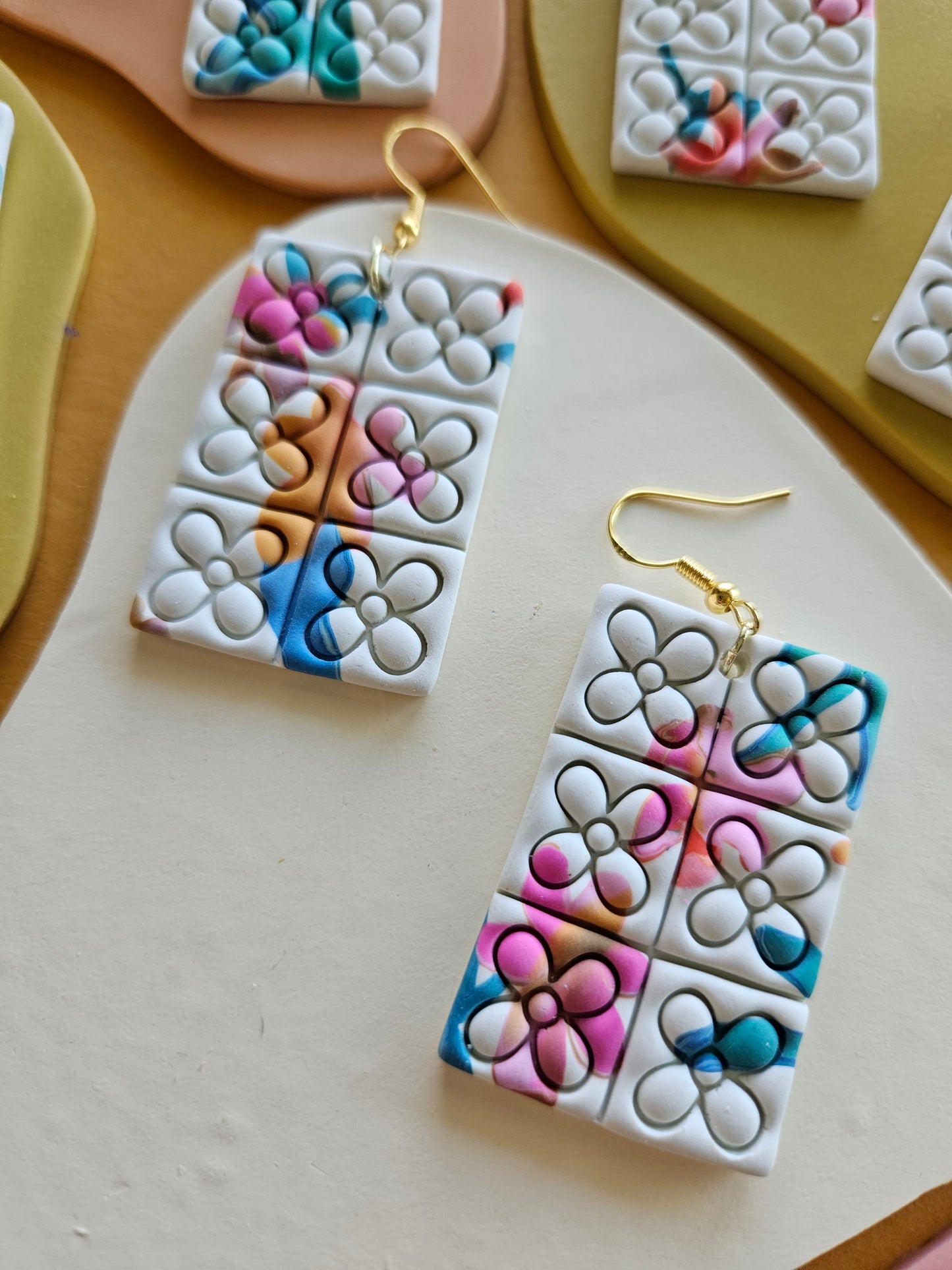 Quilted Watercolor Flower Imprinted Statement Earrings