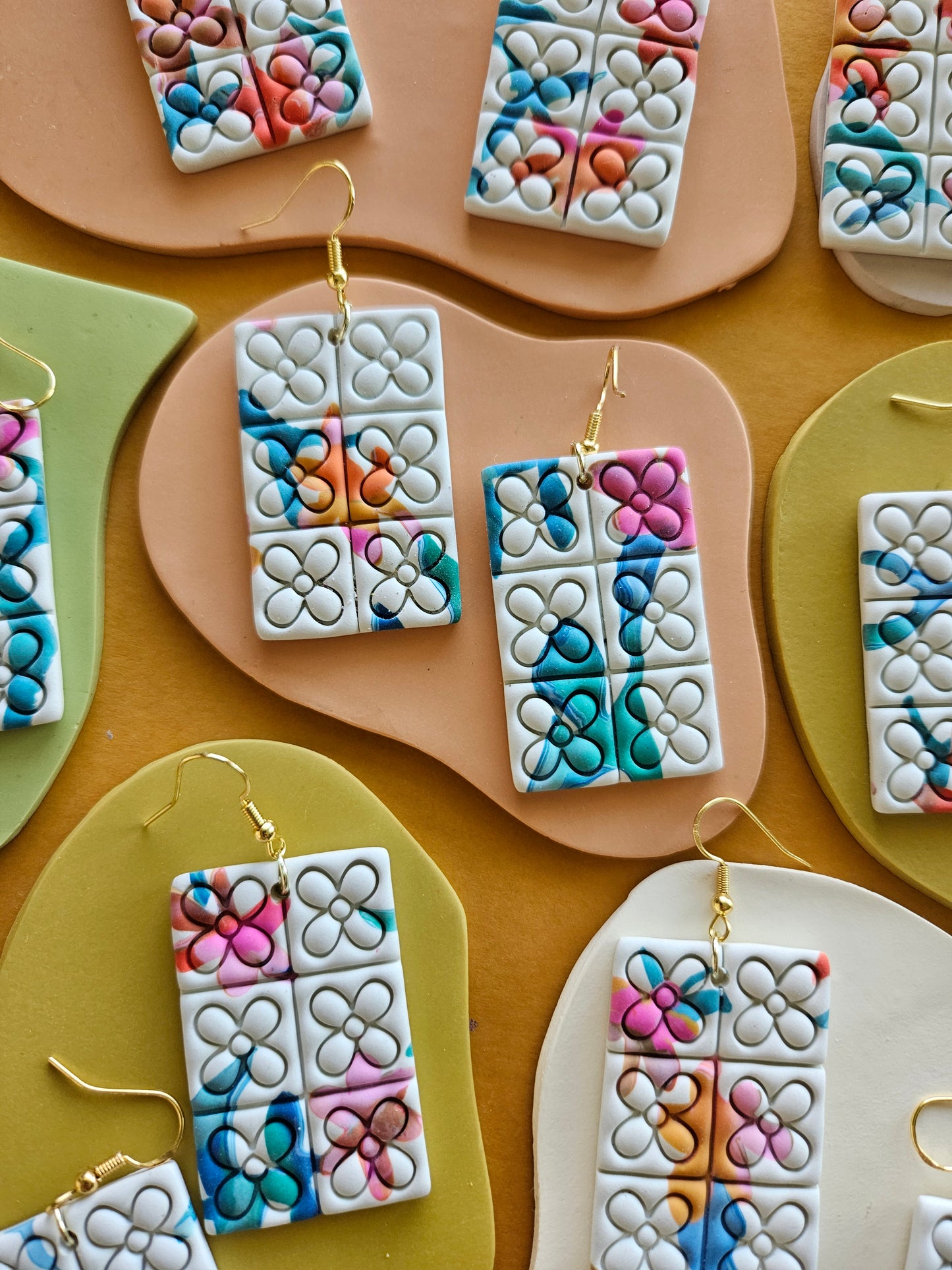 Quilted Watercolor Flower Imprinted Statement Earrings