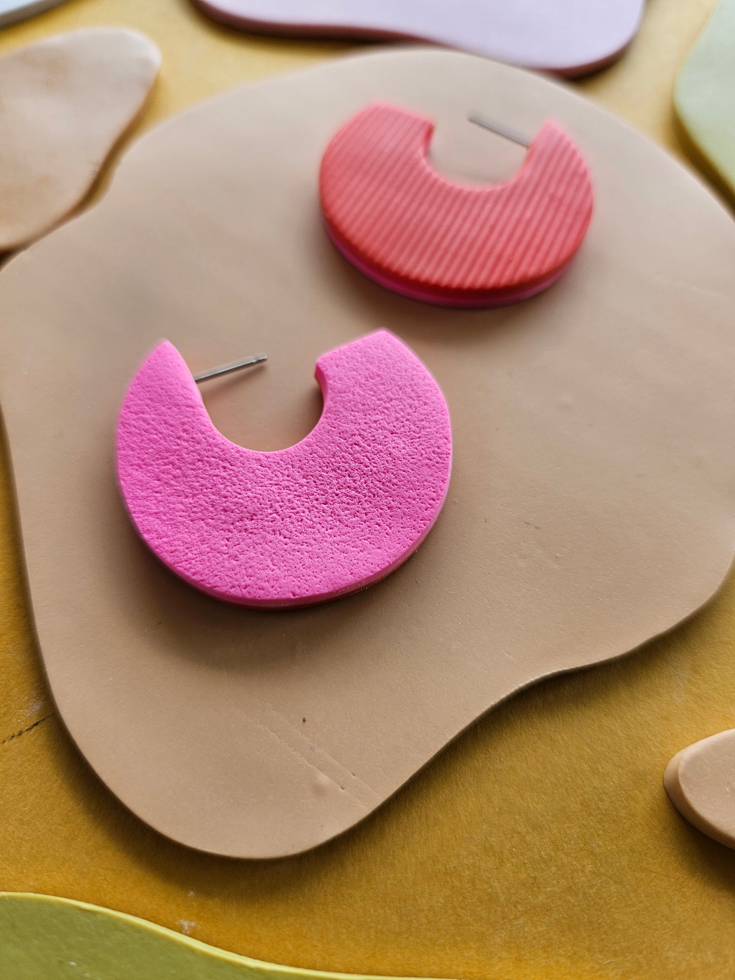 Two Tone Red + Pink Textured Circle Statement Earrings Hoops