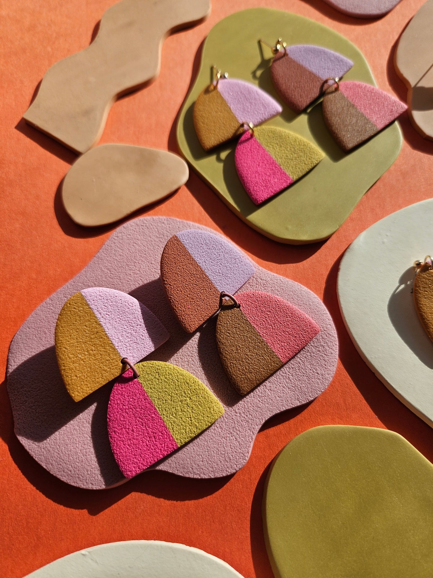 LMT ED "The Dua" in Pinks + Purples Color Block Polymer Clay Statement Earrings