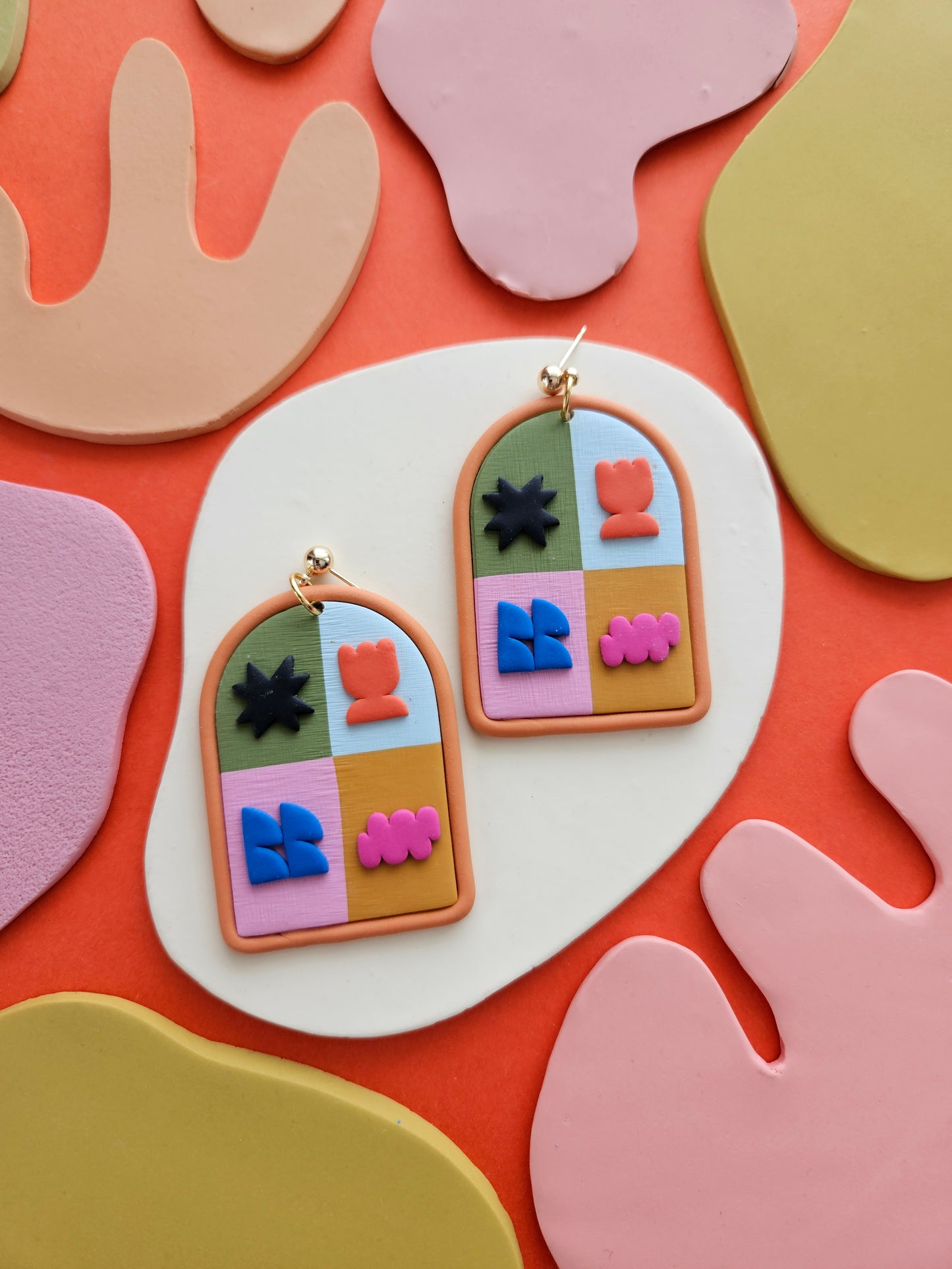 "The Clay" Color Block Lisa Congdon Shapes Polymer Clay Arch Statement Earrings