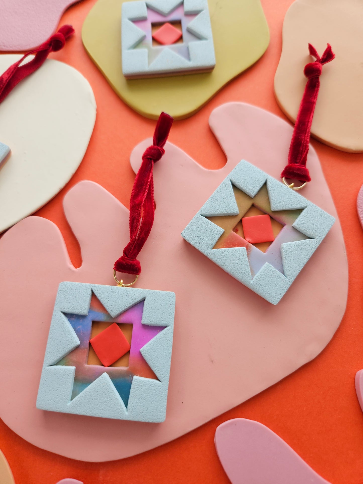 Quilted Ornament Batik + Blue Polymer Clay Gift Charm