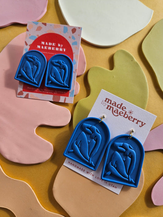 Blue Nude Matisse Cut Out Polymer Clay Earrings in Deep Blue
