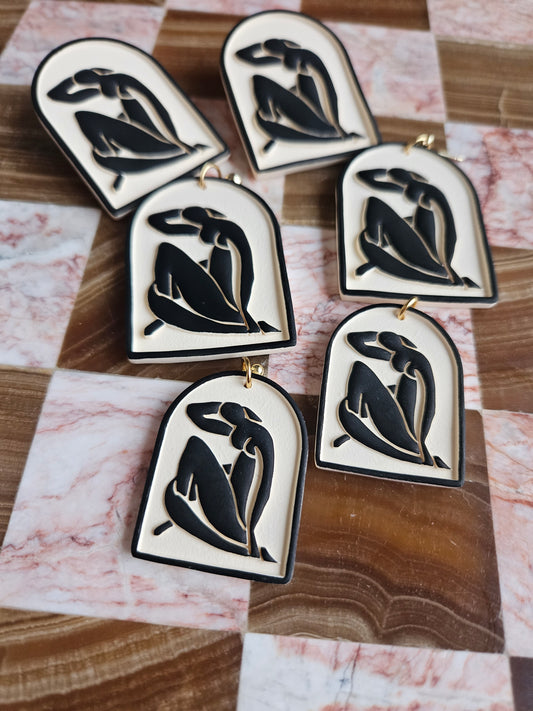 Black + Ivory Matisse Inspired Nude Cut Out Polymer Clay Earrings