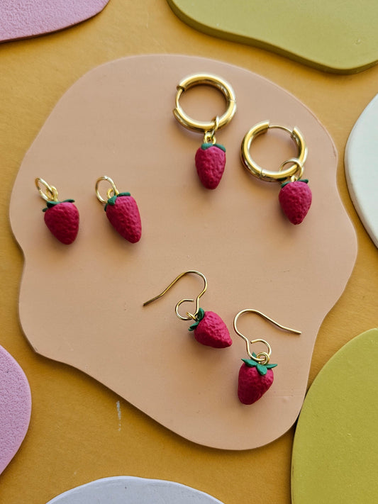 Tiny Strawberry Charm / Earrings Handmade Polymer Clay Fruit Earrings