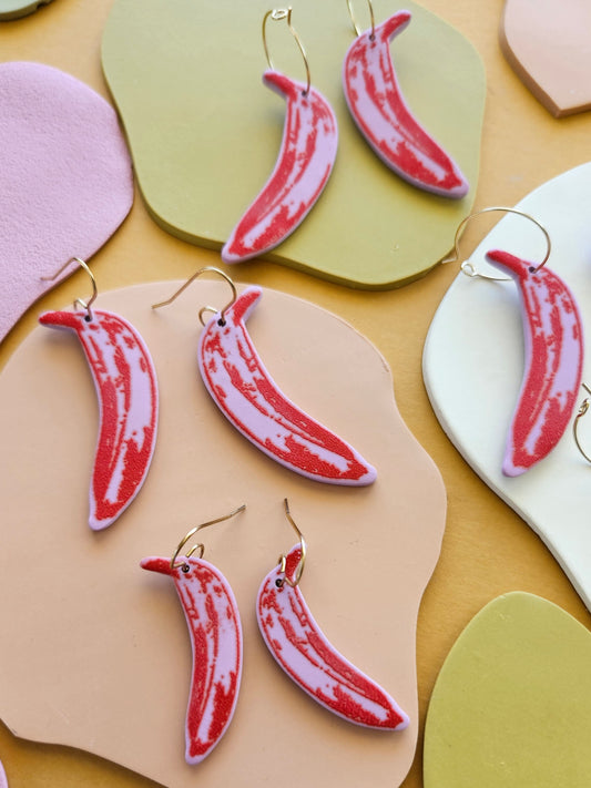 Pop Art Bananas in LMT ED Lavender + Red Silk Screened Polymer Clay Earrings