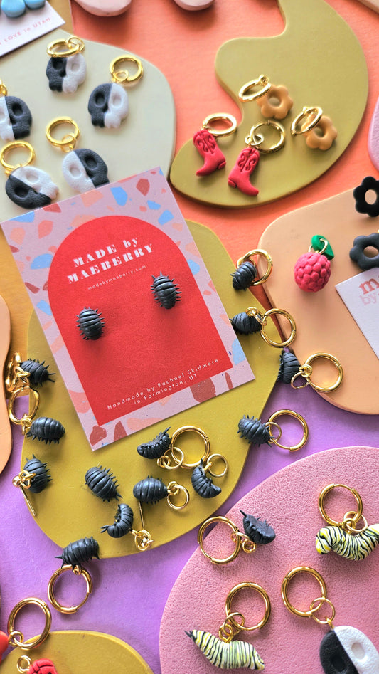 "Betty Bug" Rolly Polly Pill Bug Charm Earrings or Charm Attachment for Charm Necklace