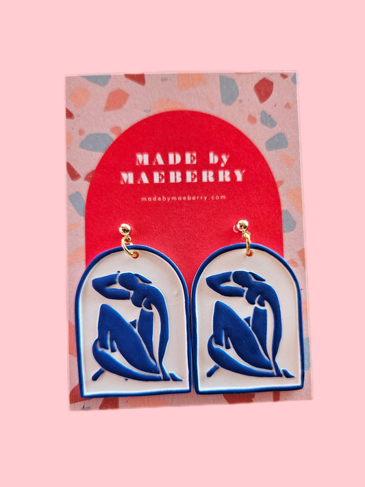 Matisse Blue Nude Painted Cut Out Inspired Polymer Clay Statement Earrings by Made by Maeberry