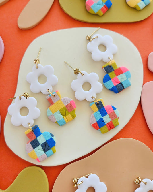 Plaid "Femme Pot" Polymer Clay Vase Flower Earrings