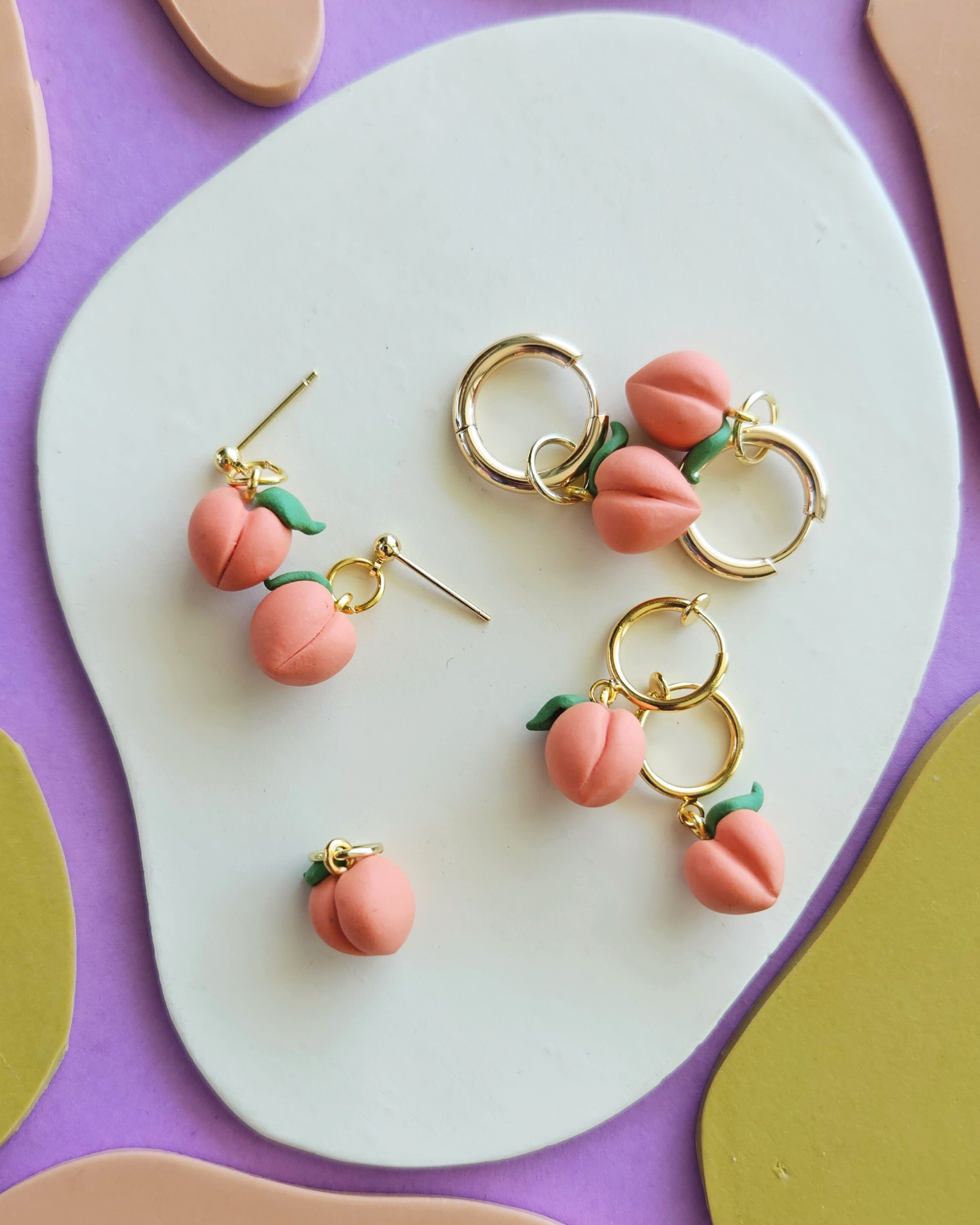 Peach Charm Earrings Handmade Polymer Clay Charms β Made by Maeberry