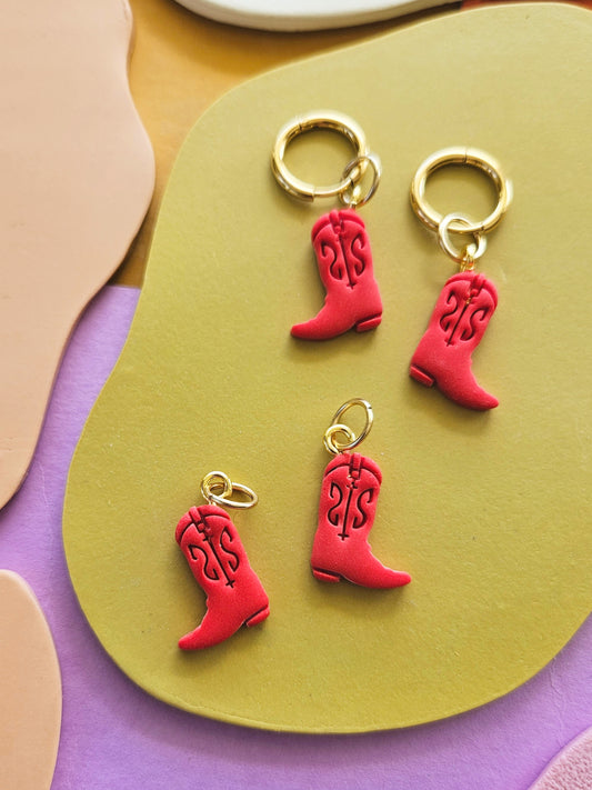 Red Western Boot Charm Hoop Earrings Handmade Polymer Clay Charms