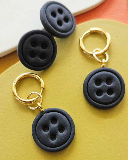 "The Coraline" Black Button Charm Earrings Button Stud Earrings