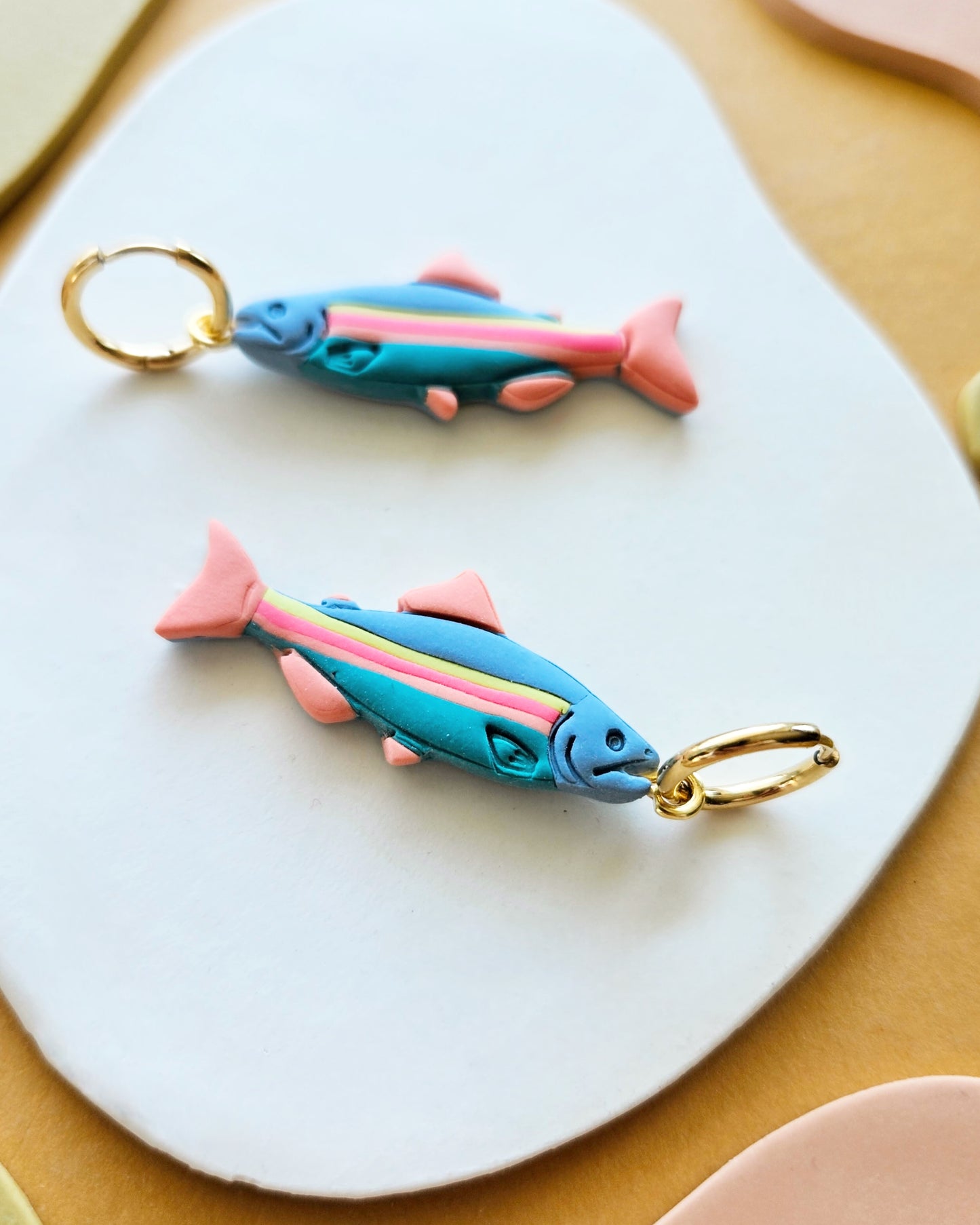 Rainbow Trout Polymer Clay Handmade Charm Earrings Hoop Charm Earrings