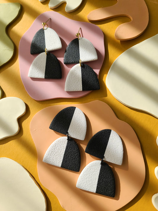 Black and White Duas Polymer Clay Large Statement Earrings